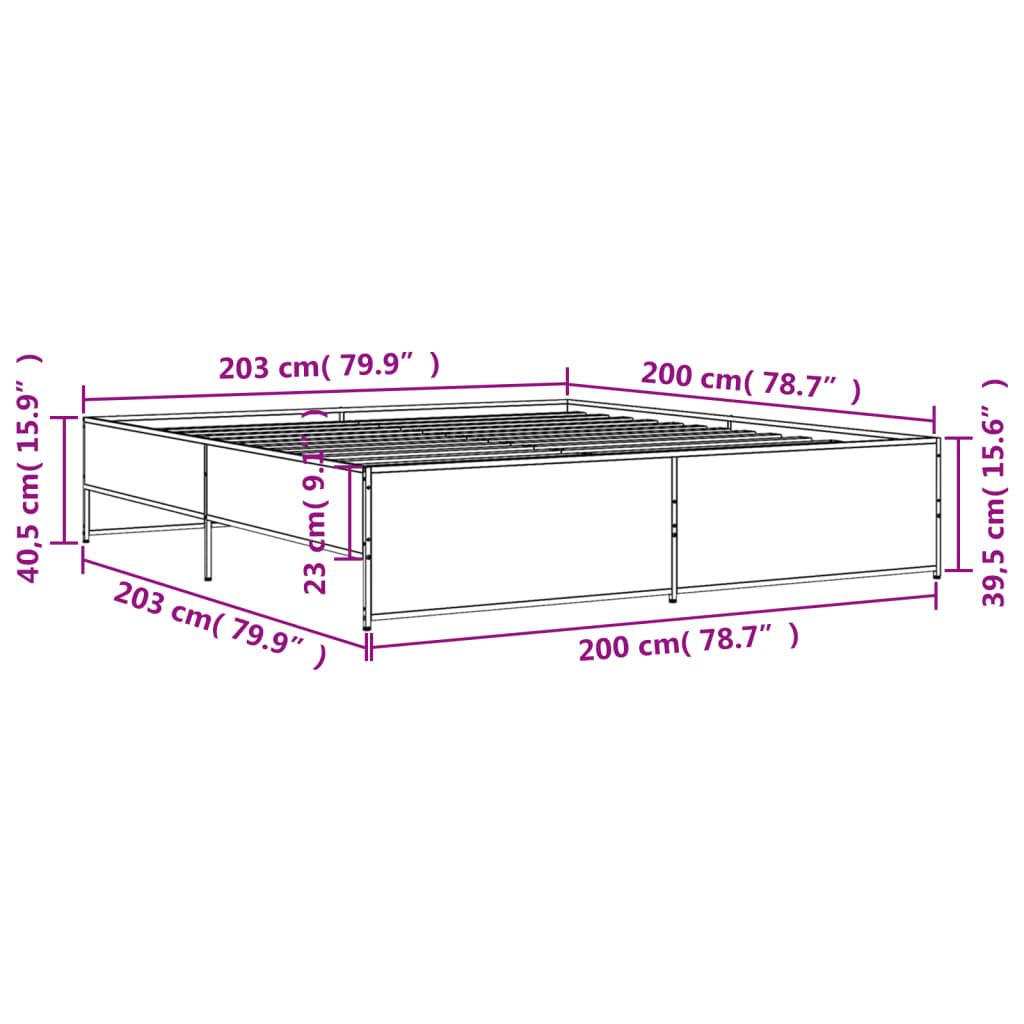 sengestel 200x200 cm konstrueret træ og metal grå sonoma-eg