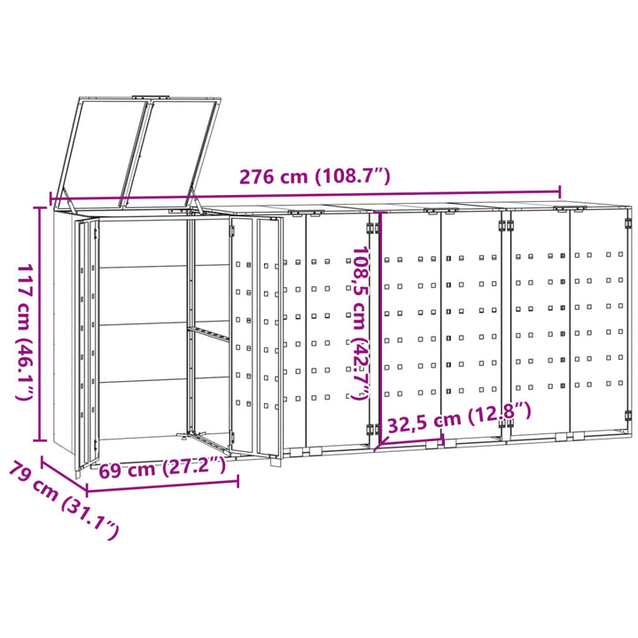 skraldespandsskjuler 276x79x117 cm 4 rum stål sort
