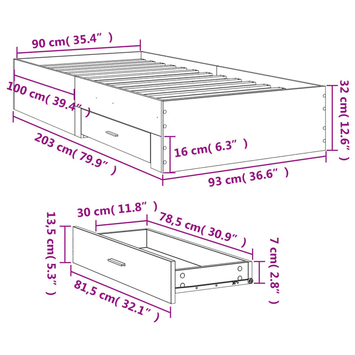 sengeramme med skuffer 90x200 cm konstrueret træ grå sonoma-eg