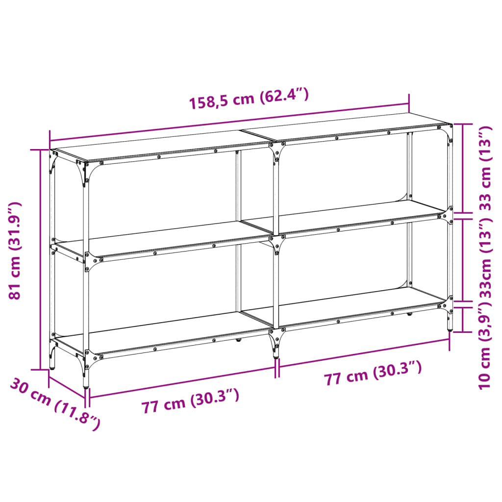 konsolbord med sort glastop 158,5x30x81 cm stål