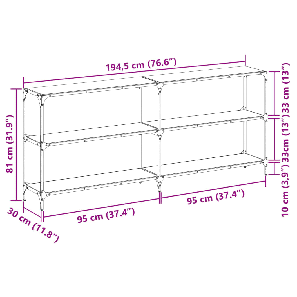 konsolbord med transparent glastop 194,5x30x81 cm stål