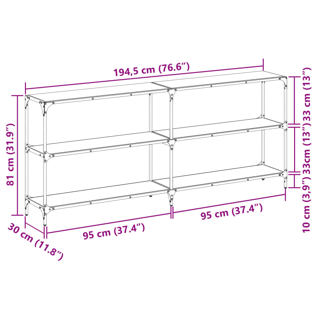 konsolbord med sort glastop 194,5x30x81 cm stål
