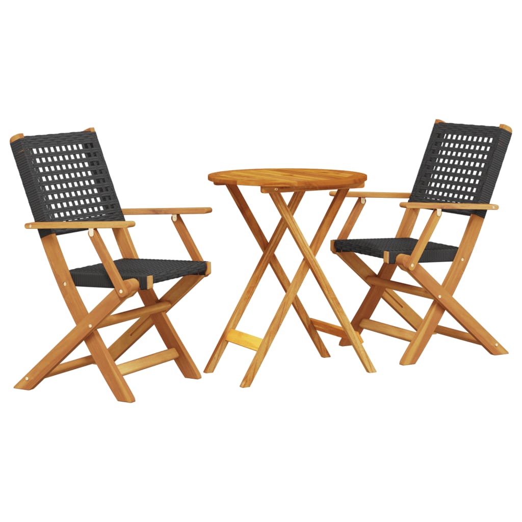 bistrosæt 3 dele polyrattan og massivt træ sort