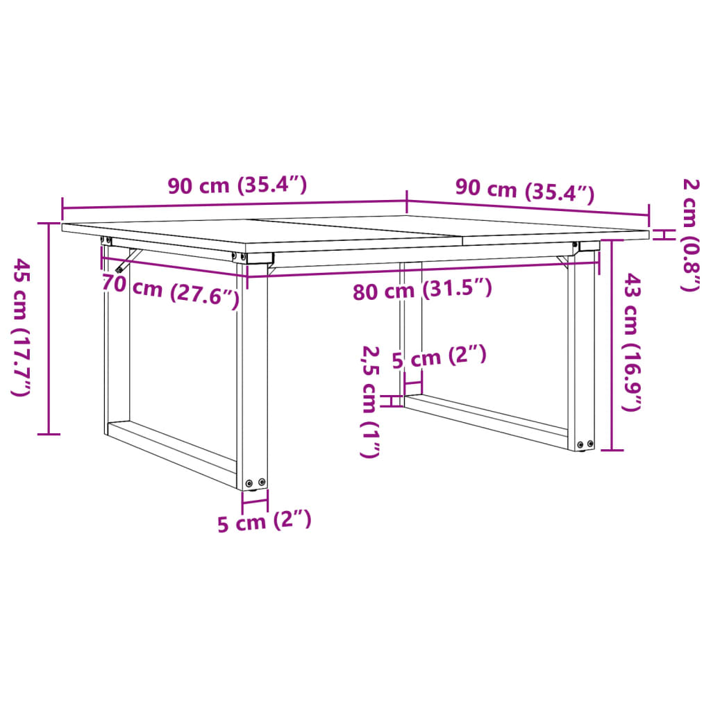 sofabord 90x90x45 cm O-stel massivt fyrretræ og stål