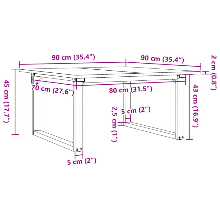 sofabord 90x90x45 cm O-stel massivt fyrretræ og stål