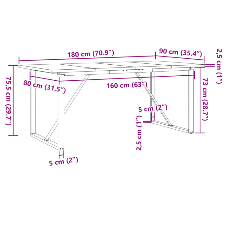 spisebord 180x90x75,5 cm O-stel massivt fyrretræ og stål