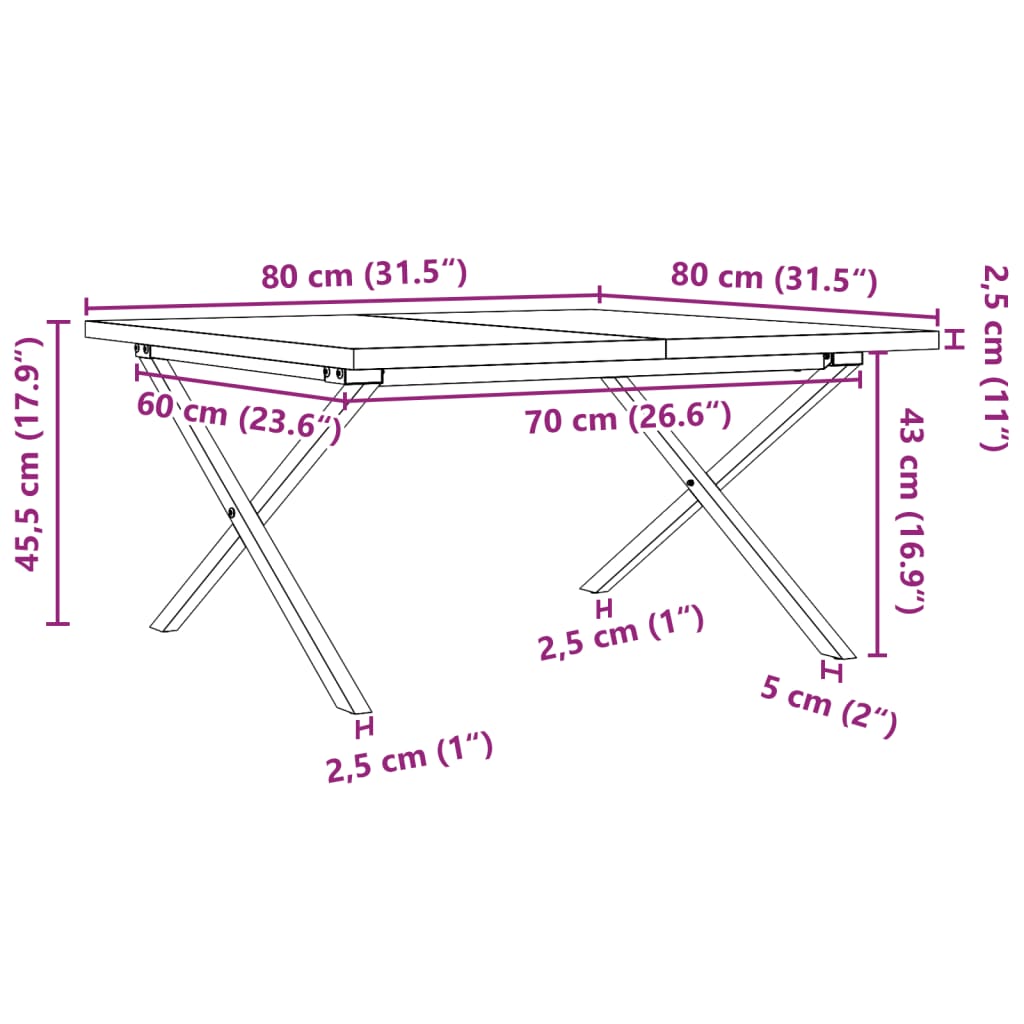 sofabord 80x80x45,5 cm X-stel massivt fyrretræ og stål