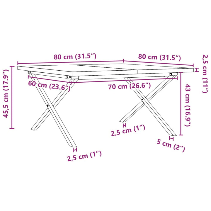 sofabord 80x80x45,5 cm X-stel massivt fyrretræ og stål