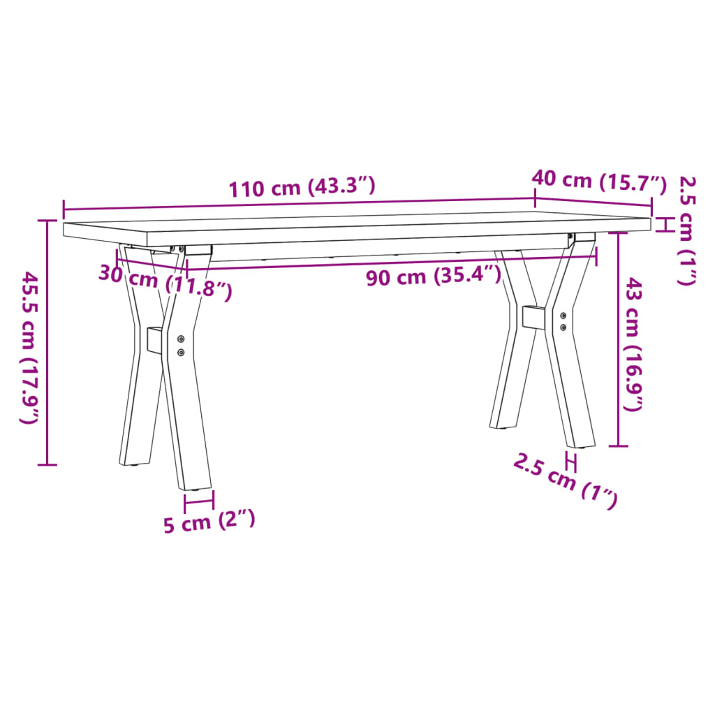 sofabord 110x40x45,5 cm Y-stel massivt fyrretræ og stål