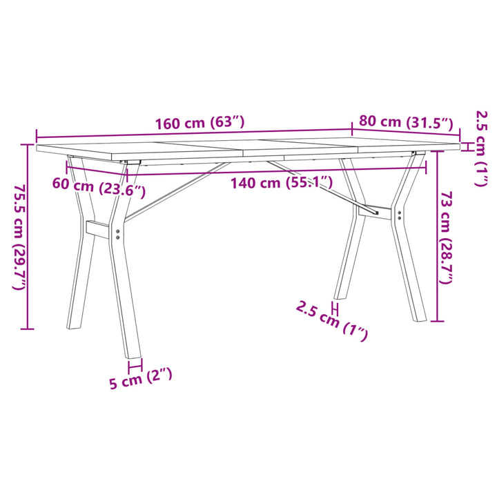 spisebord 160x80x75,5 cm Y-stel massivt fyrretræ og stål
