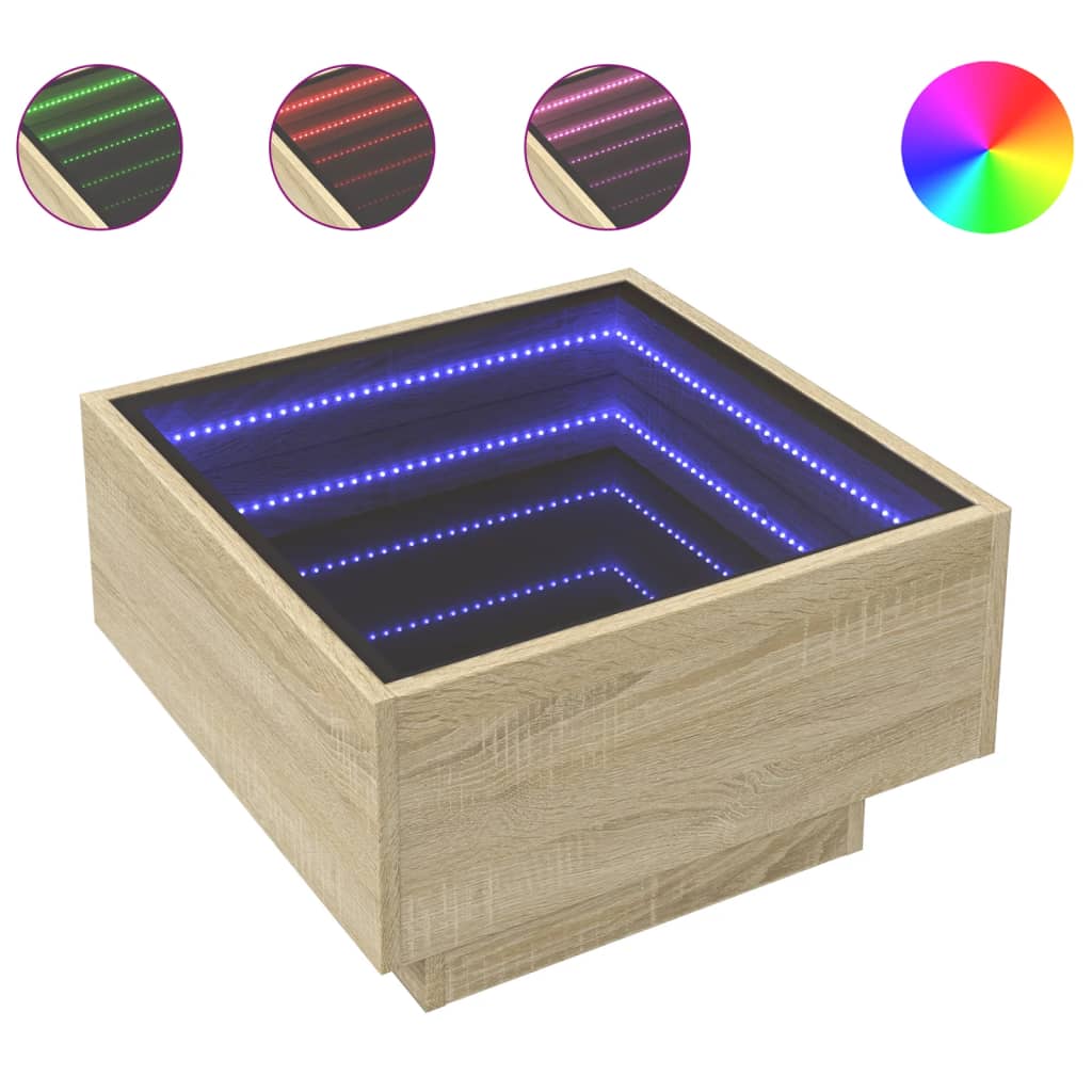 sofabord med LED-lys 50x50x30 cm konstrueret træ sonoma-eg