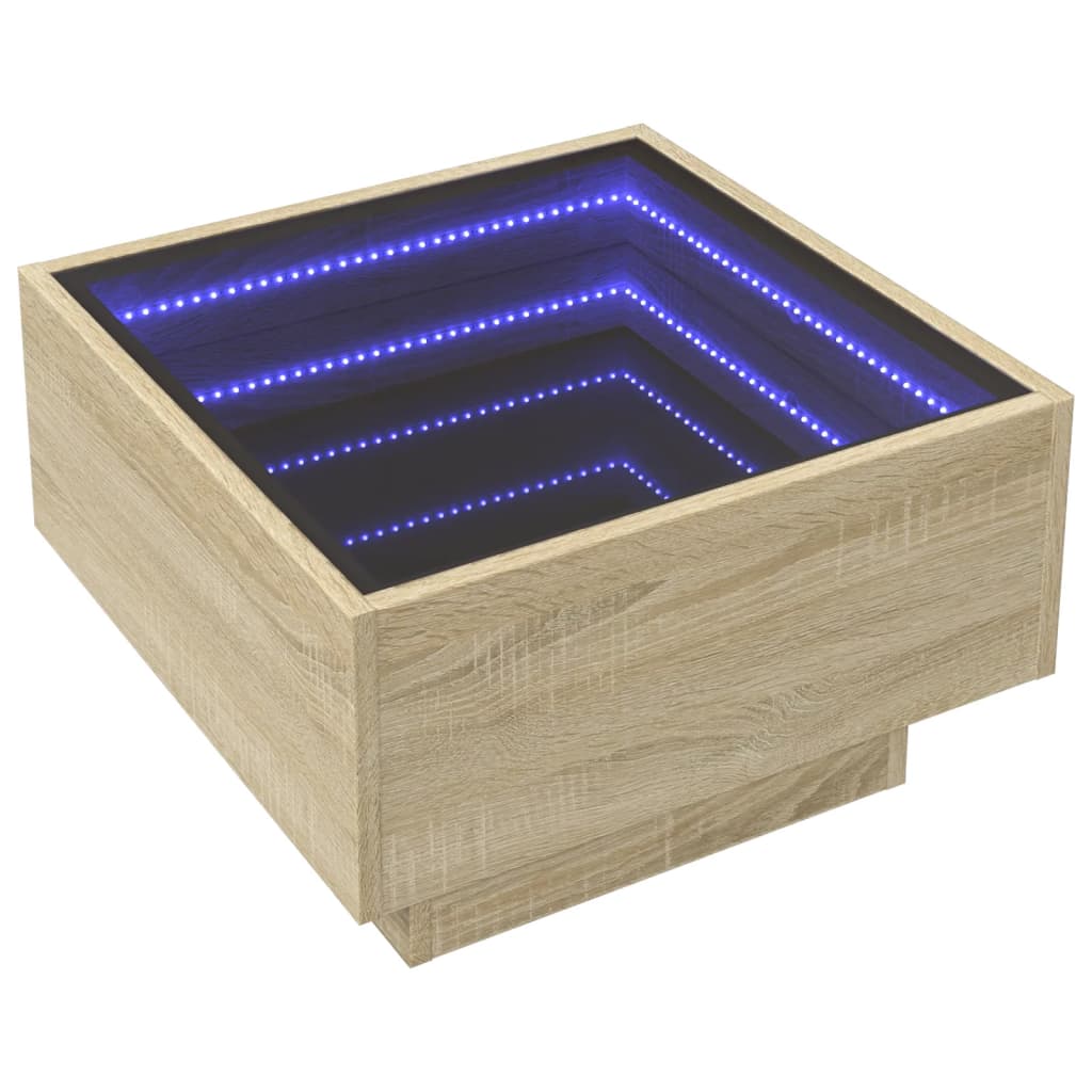 sofabord med LED-lys 50x50x30 cm konstrueret træ sonoma-eg