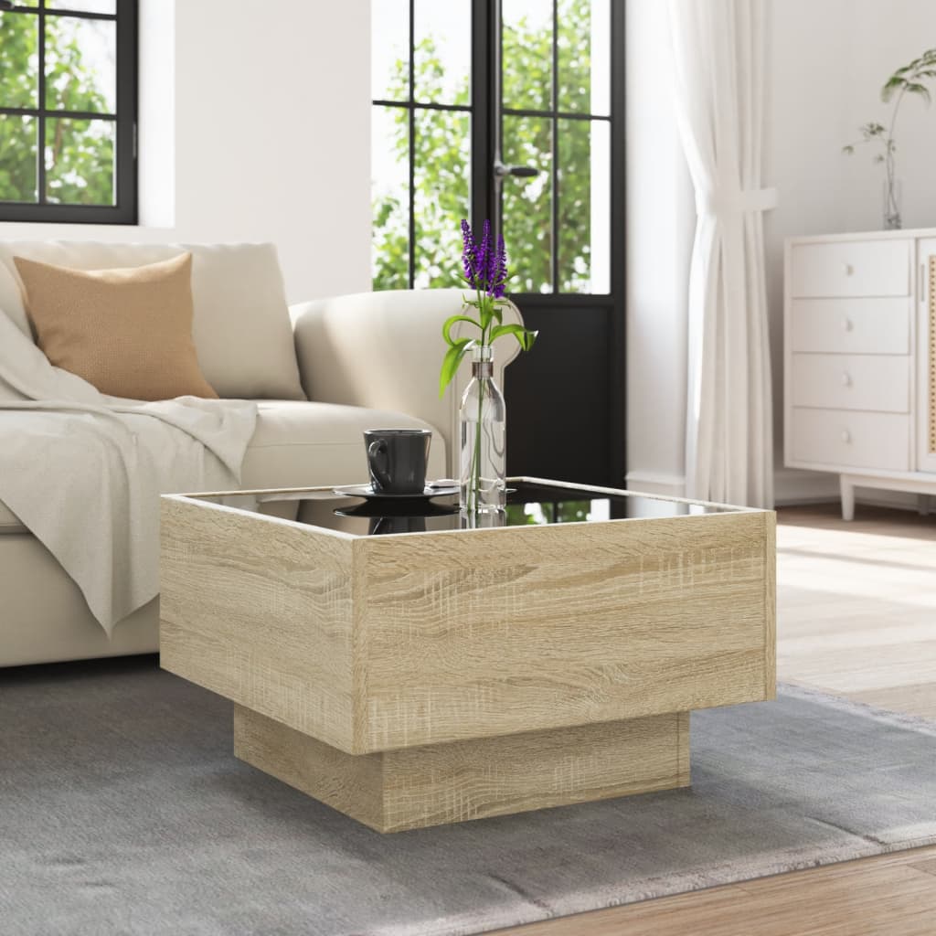 sofabord med LED-lys 50x50x30 cm konstrueret træ sonoma-eg
