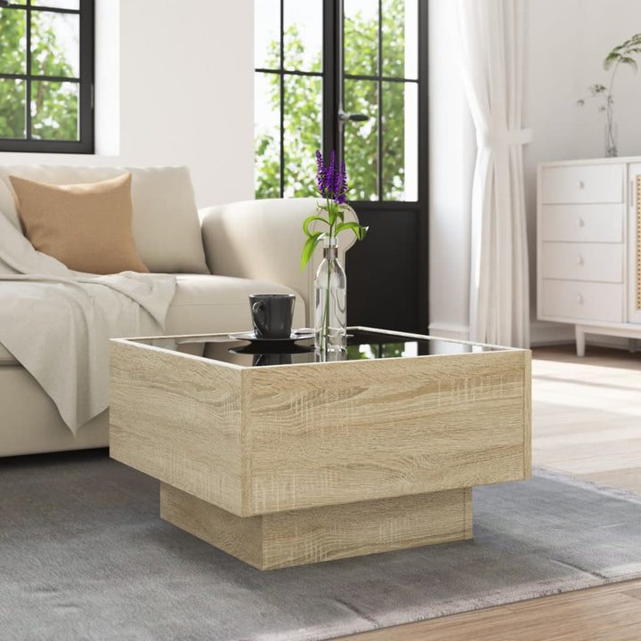 sofabord med LED-lys 50x50x30 cm konstrueret træ sonoma-eg