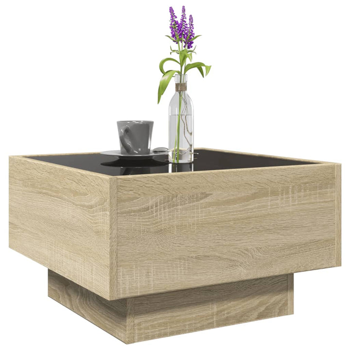 sofabord med LED-lys 50x50x30 cm konstrueret træ sonoma-eg