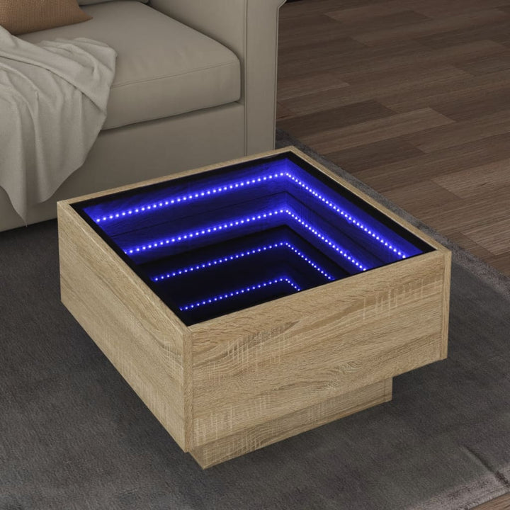 sofabord med LED-lys 50x50x30 cm konstrueret træ sonoma-eg
