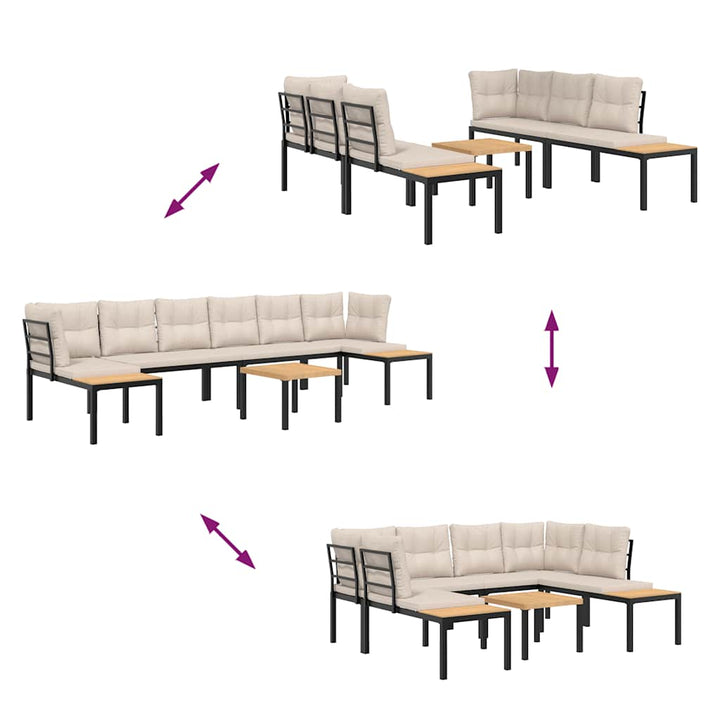 sofasæt til haven 5 dele med hynder pulverlakeret stål sort