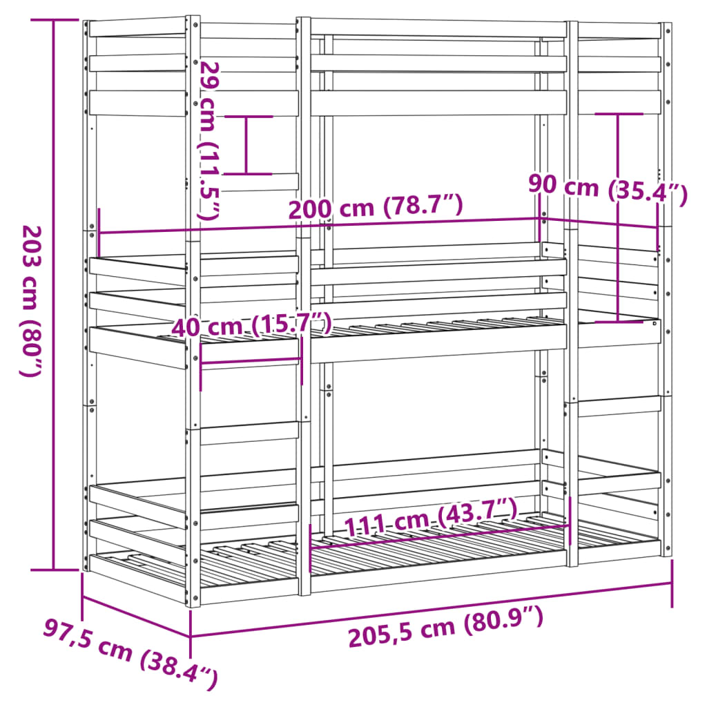tredobbelt køjeseng 90x200 cm massivt fyrretræ