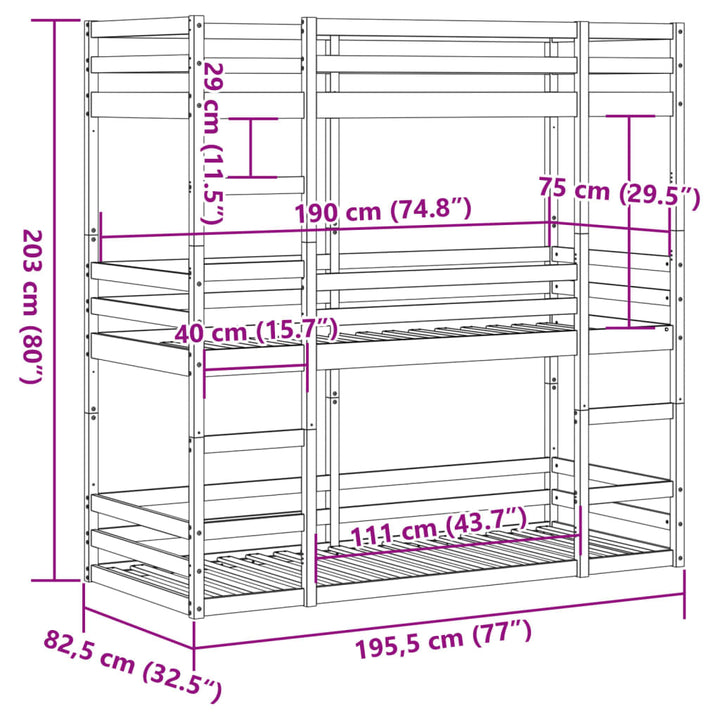 tredobbelt køjeseng 75x190 cm massivt fyrretræ
