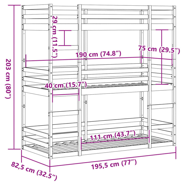 tredobbelt køjeseng 75x190 cm massivt fyrretræ hvid