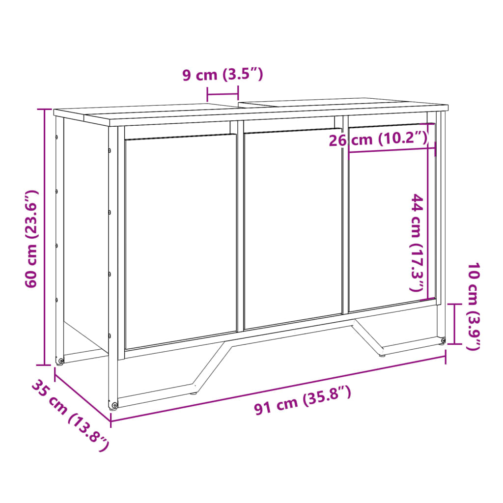 underskab til håndvask 91x35x60 cm konstrueret træ sort