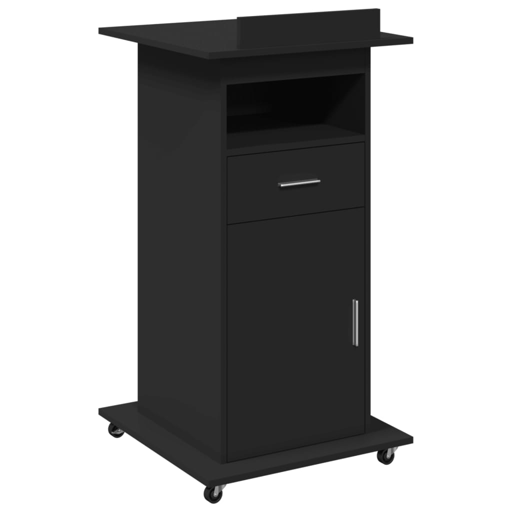 talerstol med hjul og skuffe 55x55x107 cm konstrueret træ sort