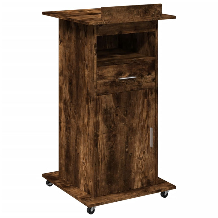 talerstol med hjul skuffe 55x55x107 cm konstrueret træ røget eg