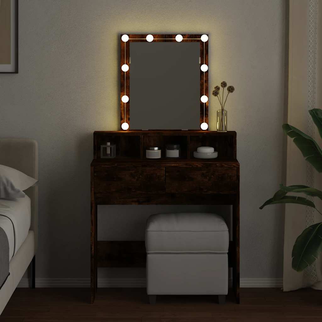 makeupbord med LED-lys 80x41x144,5 cm røget egetræsfarve