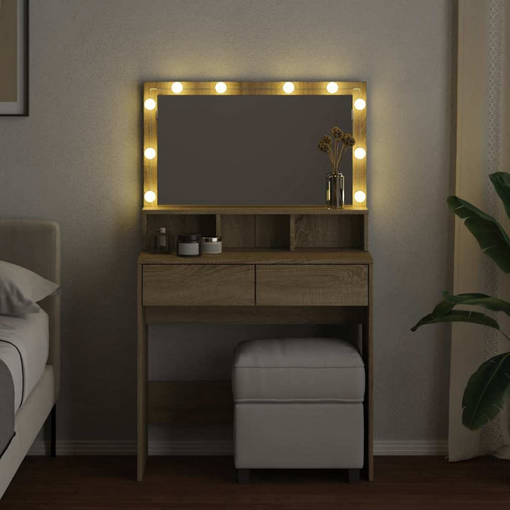 makeupbord med LED-lys 80x41x134,5 cm brun sonoma-eg