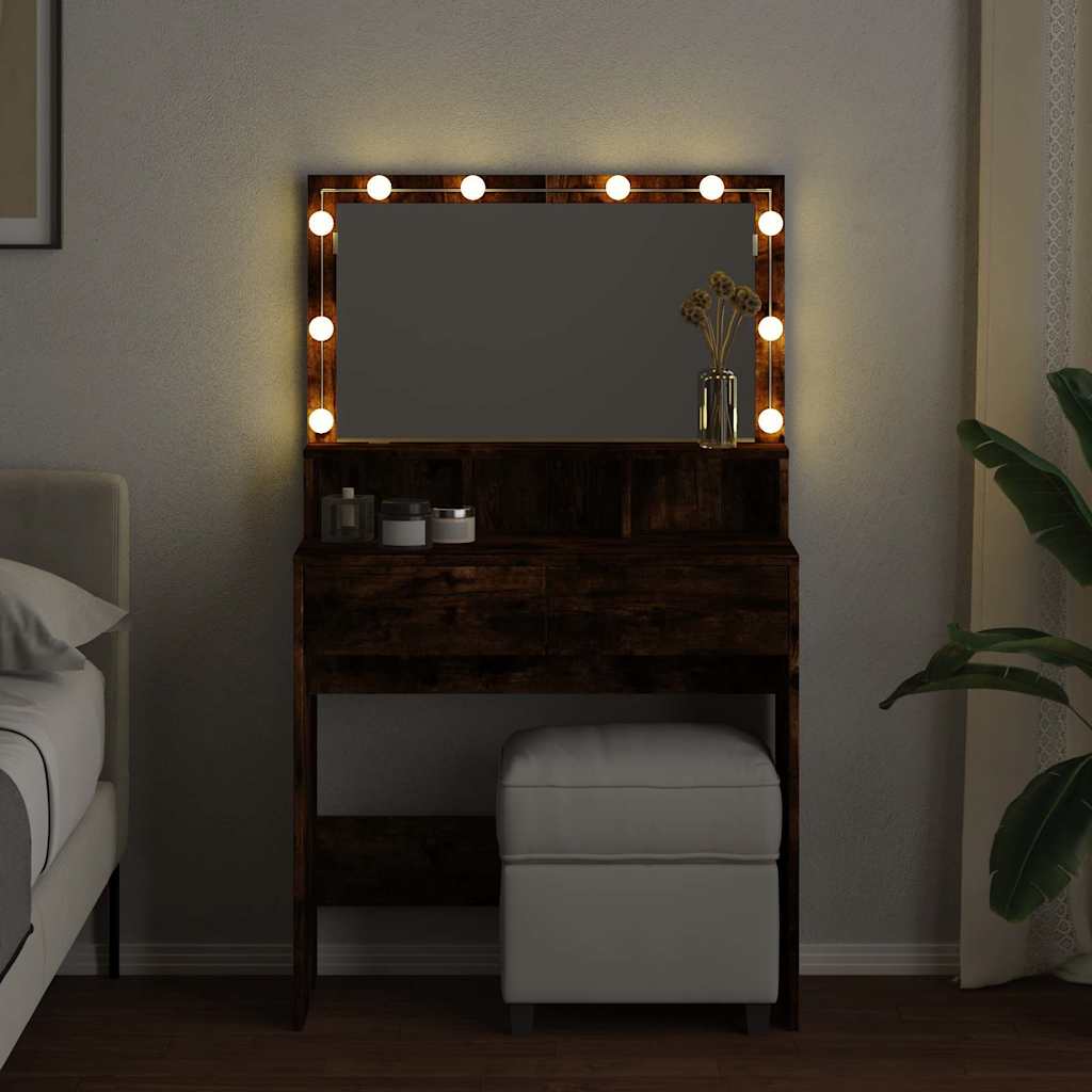 makeupbord med LED-lys 80x41x134,5 cm røget egetræsfarve
