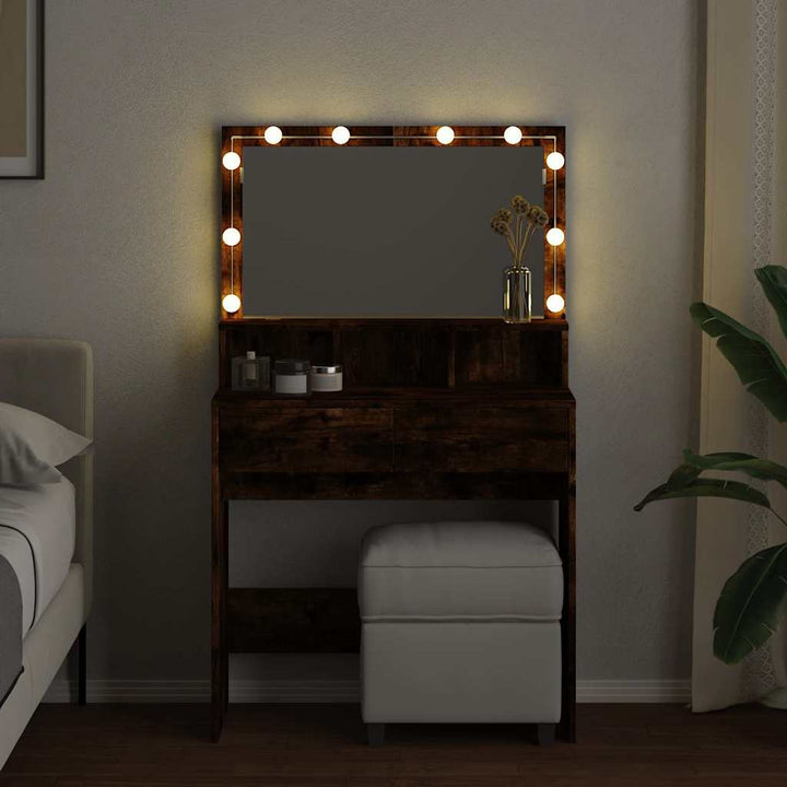 makeupbord med LED-lys 80x41x134,5 cm røget egetræsfarve