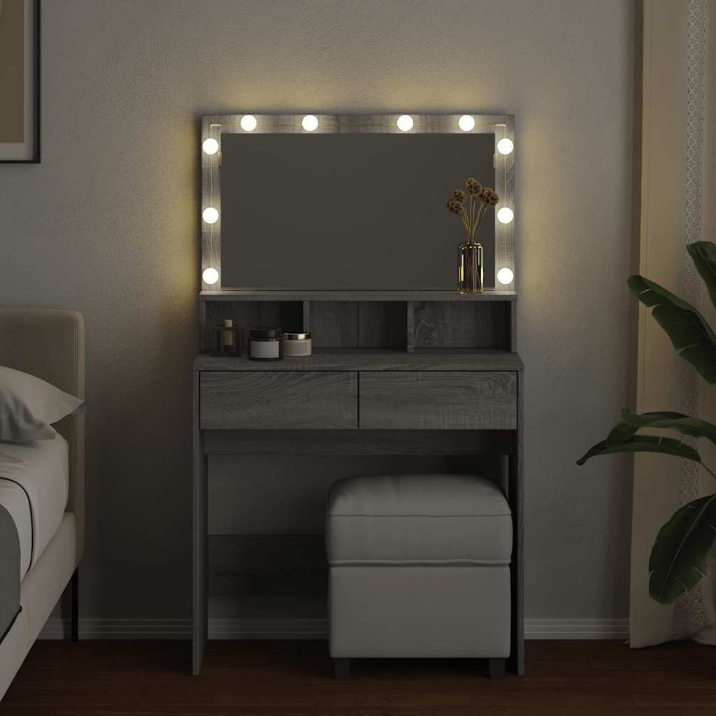 makeupbord med LED-lys 80x41x134,5 cm grå sonoma-eg