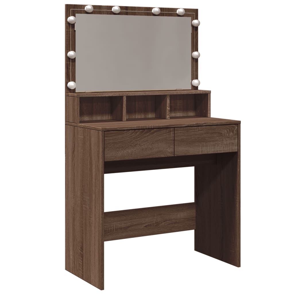 makeupbord med LED-lys 80x41x134,5 cm brun egetræsfarve