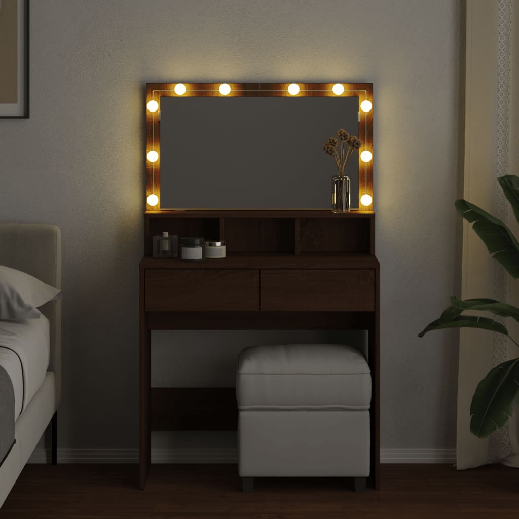makeupbord med LED-lys 80x41x134,5 cm brun egetræsfarve