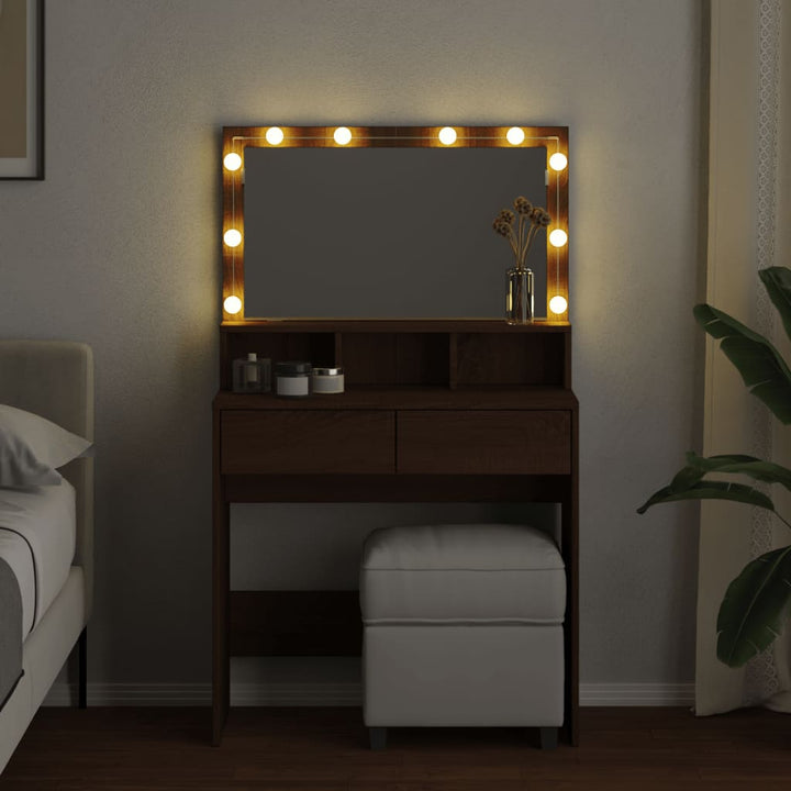 makeupbord med LED-lys 80x41x134,5 cm brun egetræsfarve