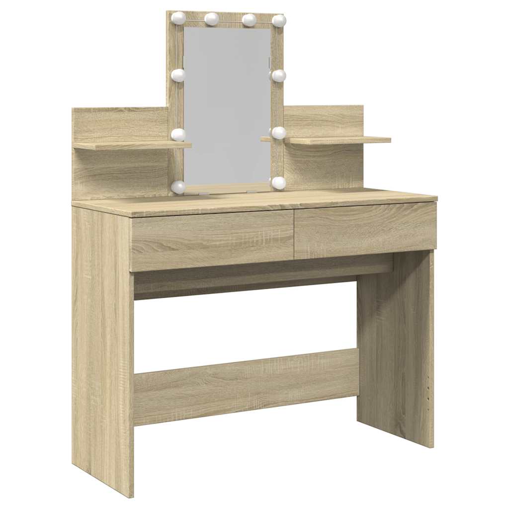 makeupbord med LED-lys 100x40x130 cm brun sonoma-eg