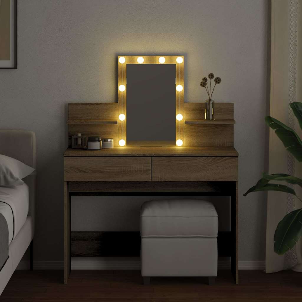 makeupbord med LED-lys 100x40x130 cm brun sonoma-eg
