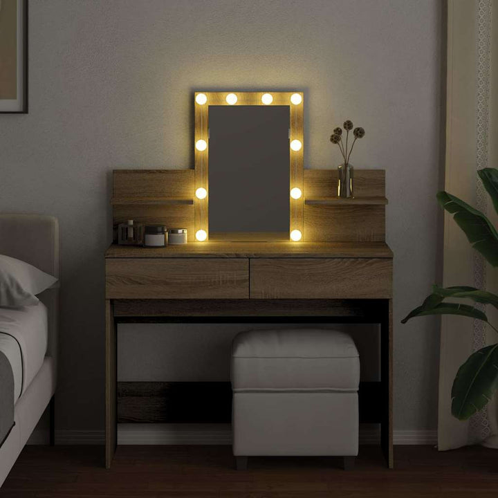makeupbord med LED-lys 100x40x130 cm brun sonoma-eg