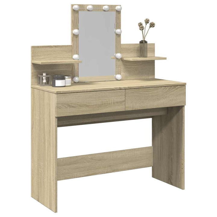 makeupbord med LED-lys 100x40x130 cm brun sonoma-eg