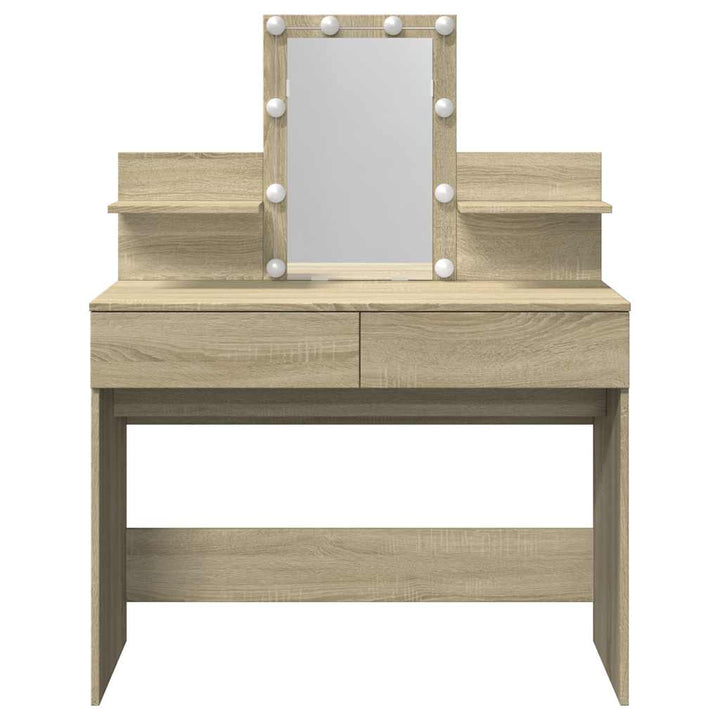 makeupbord med LED-lys 100x40x130 cm brun sonoma-eg