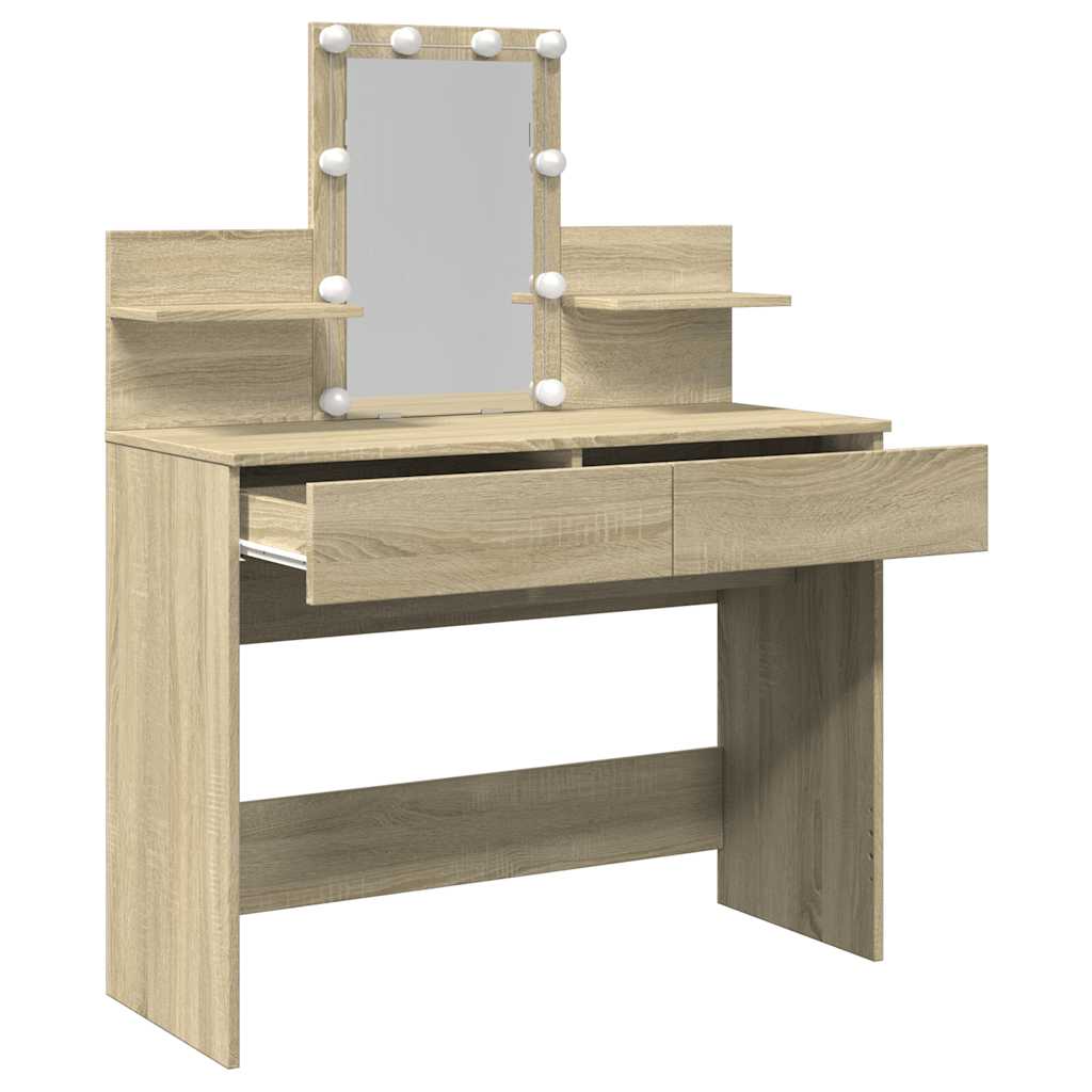 makeupbord med LED-lys 100x40x130 cm brun sonoma-eg