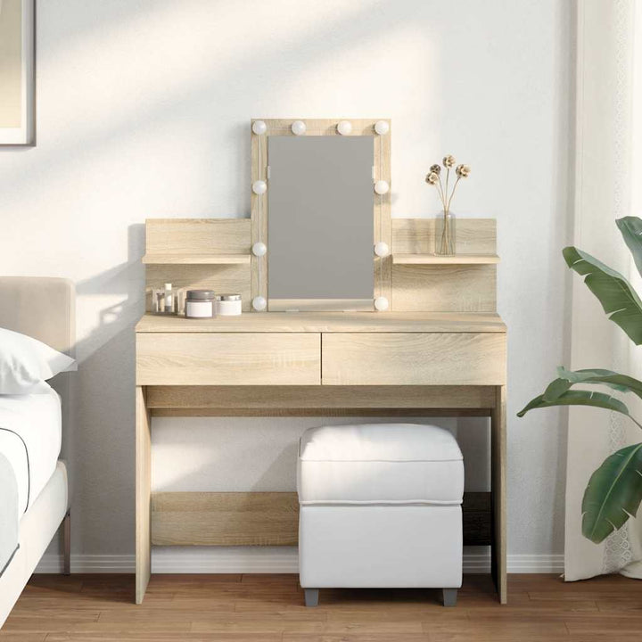 makeupbord med LED-lys 100x40x130 cm brun sonoma-eg