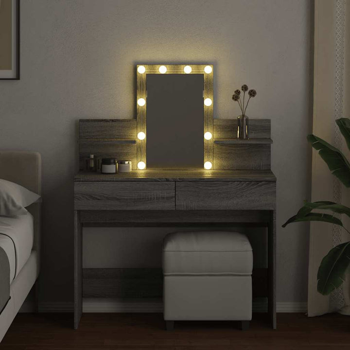 makeupbord med LED-lys 100x40x130 cm grå sonoma-eg