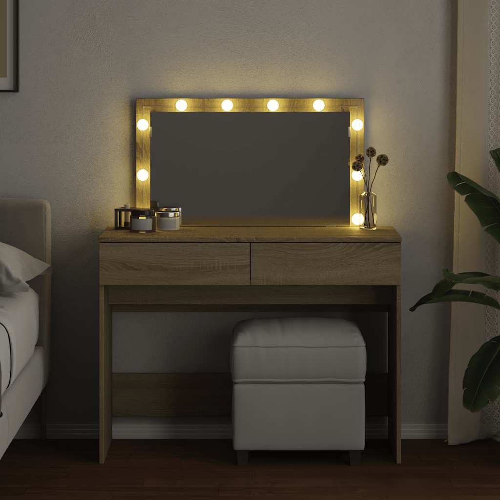 makeupbord med LED-lys 100x40x120 cm brun sonoma-eg