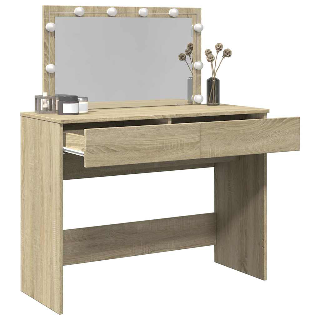 makeupbord med LED-lys 100x40x120 cm brun sonoma-eg