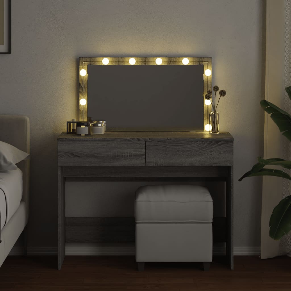 makeupbord med LED-lys 100x40x120 cm grå sonoma-eg