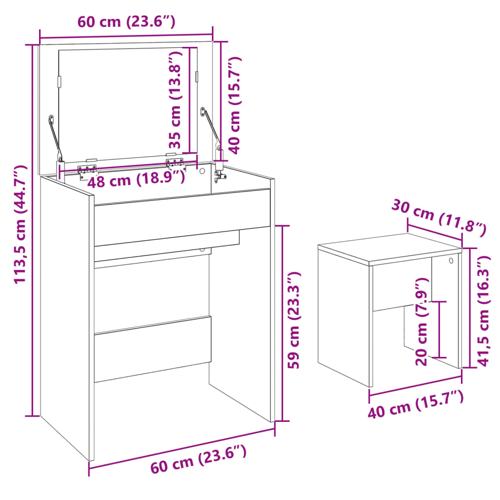 kosmetikbord med skammel 60x40x113,5 cm sonoma-eg
