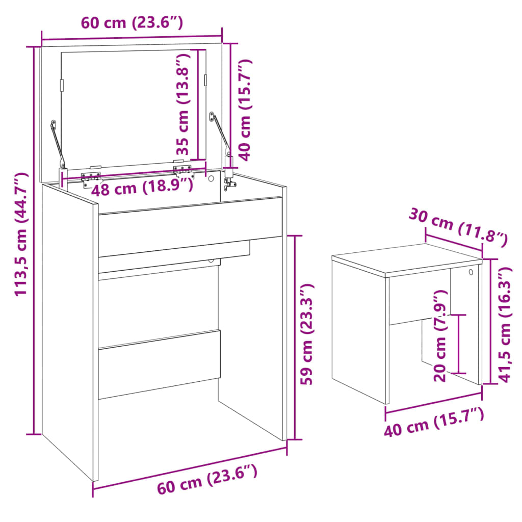 kosmetikbord med skammel 60x40x113,5 cm brun egetræ