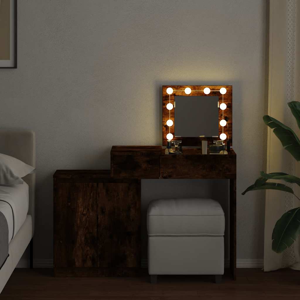 makeupbord med LED-lys 115x37x110,5 cm røget egetræsfarve