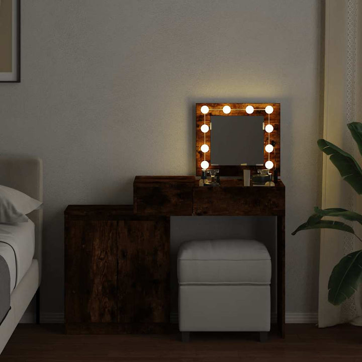 makeupbord med LED-lys 115x37x110,5 cm røget egetræsfarve